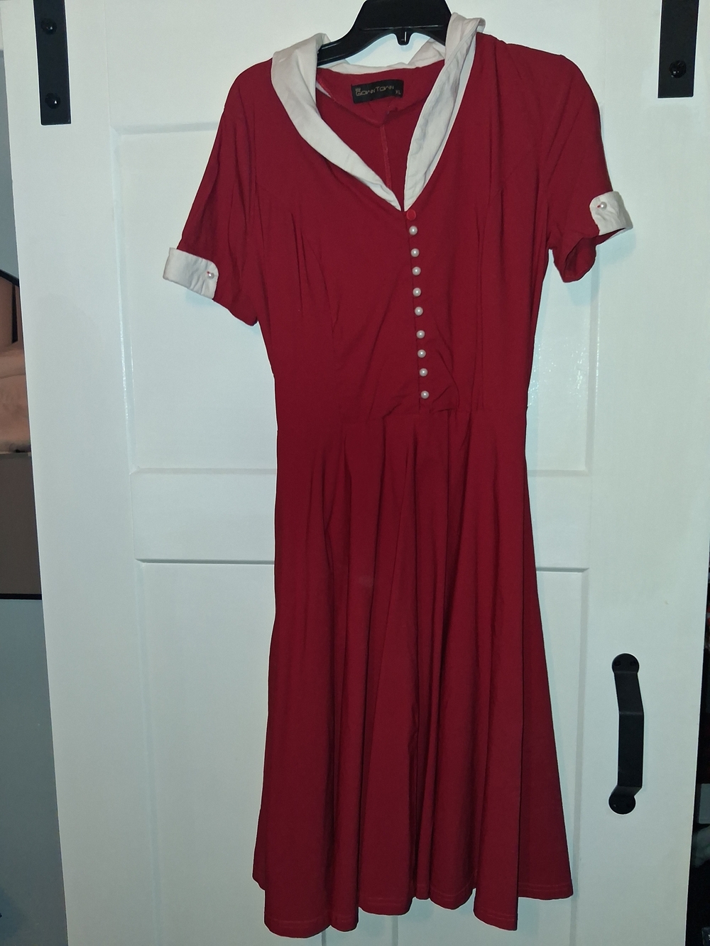Vintage 1950s Gowntown Red High-Low Dress with Contrast Cream Trim